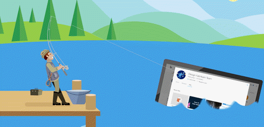 Kreskówka przedstawiająca rybaka wyciągającego ekran komputera z jeziora.