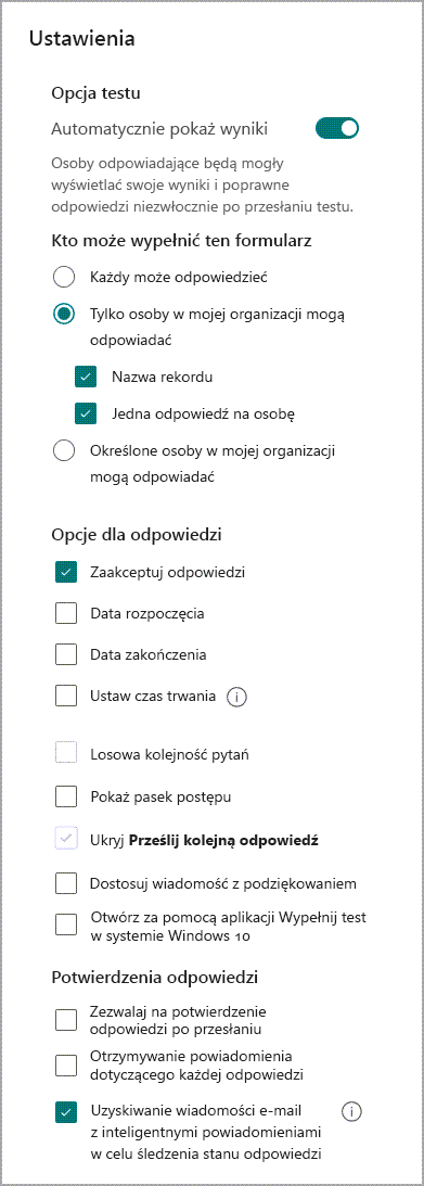 ekran ustawień, aby włączyć lub wyłączyć powiadomienia o formularzach