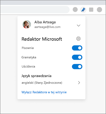 Rozszerzenie Redaktor Microsoft z wyświetloną listą rozwijaną w przeglądarce z ustawieniami do włączania i wyłączania opcji
