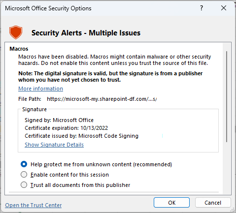 Okno dialogowe alertów zabezpieczeń w programie Microsoft Excel