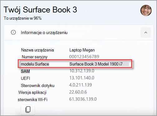 Znajdowanie nazwy modelu urządzenia Surface w aplikacji Surface.