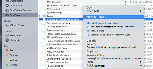 Opcja usuwania pliku z programu Finder po kliknięciu prawym przyciskiem myszy OneDrive programie Finder