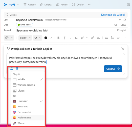 Opcje długości i tonu do wyboru podczas tworzenia wersji roboczych wiadomości e-mail w programie Outlook za pomocą funkcji Copilot