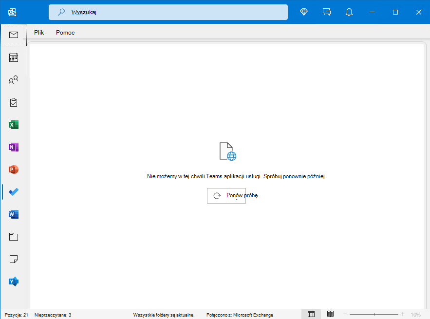 Obraz okna programu Outlook z błędem "nie można otworzyć aplikacji zespołu"