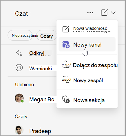 Zrzut ekranu przedstawiający czat w usłudze Microsoft Teams z opcjami tworzenia nowej wiadomości, nowego kanału lub nowego zespołu. Dostępna jest również opcja dołączenia do zespołu lub utworzenia nowej sekcji.