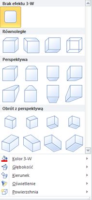Opcje efektów 3D obiektu WordArt w programie Publisher 2010