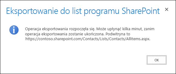 Zrzut ekranu komunikatu eksportowania do list programu SharePoint z przyciskiem OK.