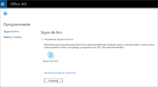 Obraz strony instalacji widoczny w razie posiadania planu usługi Skype dla firm Online