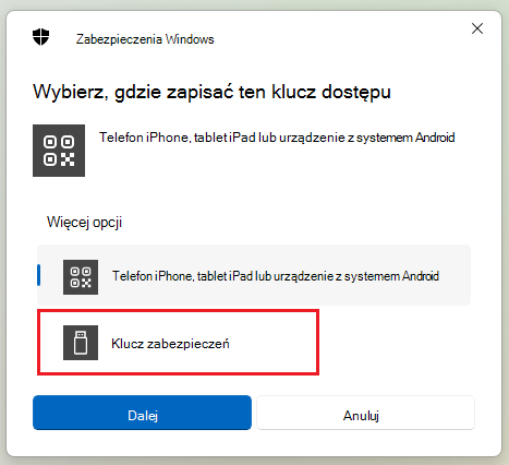Zrzut ekranu przedstawiający sposób zapisywania klucza zabezpieczeń na Windows 11.