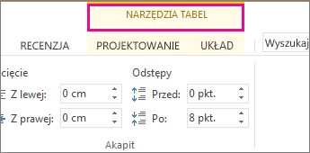 Obraz polecenia Narzędzia tabel, które jest wyświetlane na górze wstążki po kliknięciu dowolnego miejsca w tabeli.