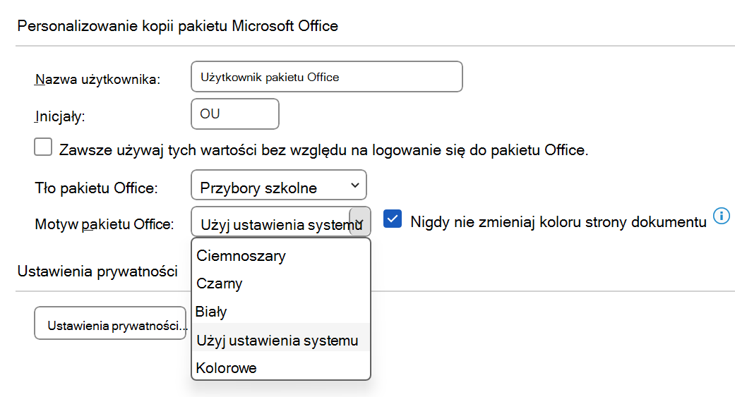 Rozwinięta lista rozwijana motywu pakietu Office w oknie dialogowym Opcje.