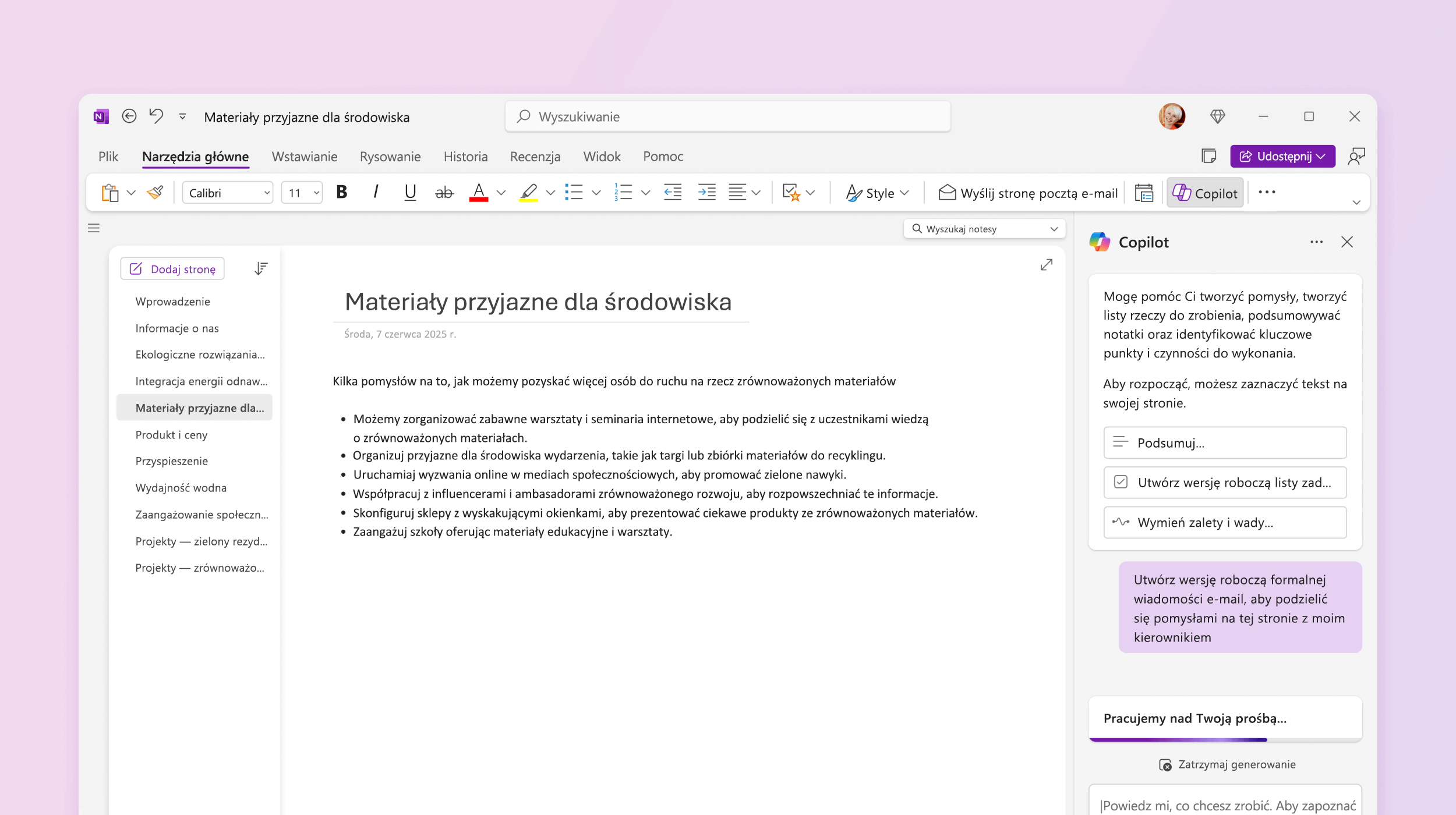 Zrzut ekranu pokazuje funkcję Copilot w programie OneNote podczas tworzenia wersji roboczej planu.