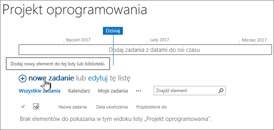 Oś czasu zadań, zadania można dodawać, klikając pozycję Nowy+