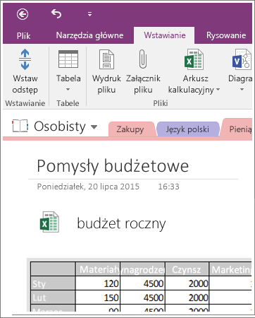 Zrzut ekranu przedstawiający osadzony arkusz kalkulacyjny w programie OneNote 2016.