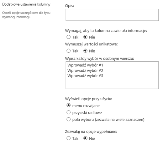 Opcje kolumn wyboru