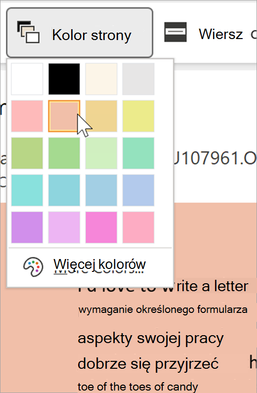 zrzut ekranu przedstawiający menu rozwijane koloru strony dla czytnika immersyjnego. Wyświetlana jest paleta kolorów, a tło widoczne za listą rozwijaną to pastelowo-pomarańczowe