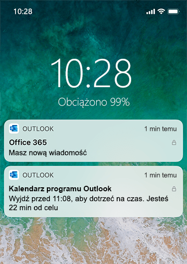 Obraz przedstawiający ekran blokady telefonu iPhone z powiadomieniami programu Outlook, na którym nie są wyświetlane żadne szczegółowe informacje poza informacjami o otrzymaniu nowej wiadomości.