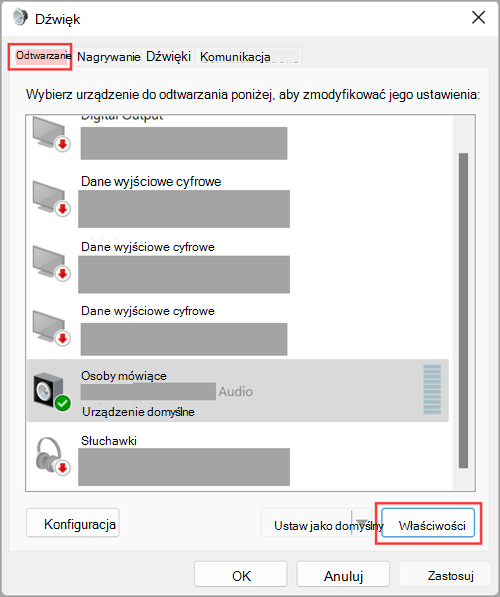Uzyskaj dostęp do właściwości urządzenia wyjściowego dźwięku w ustawieniach dźwięku systemu Windows 11.