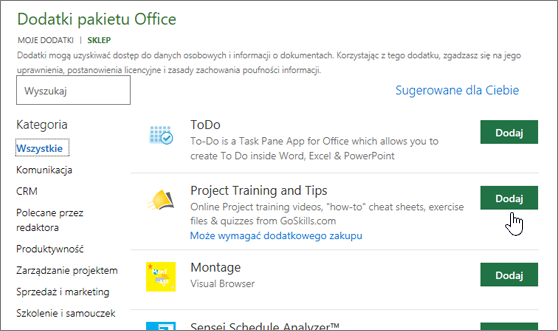 Zrzut ekranu przedstawiający stronę Dodatki pakietu Office w Sklepie, na której można wybrać lub wyszukać dodatek dla programu Project.