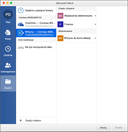Okno dialogowe Otwieranie pliku w Microsoft Word dla komputerów Mac dla Office 365