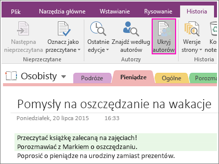 Zrzut ekranu przedstawiający przycisk Ukryj autorów w programie OneNote 2016.