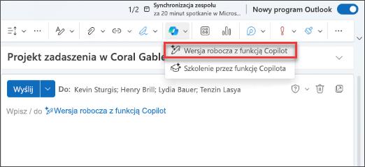 Opcja menu rozwijanego „Tworzenie wersji roboczej za pomocą funkcji Copilot” w nowym programie Outlook