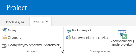Przycisk dodawania witryn programu SharePoint na wstążce w Centrum projektów