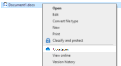 Menu wyświetlane po kliknięciu prawym przyciskiem myszy z poleceniem Udostępnij w usłudze OneDrive