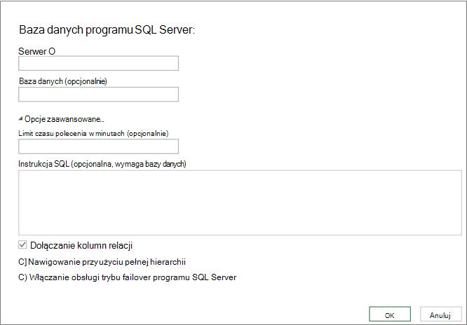 Okno dialogowe Baza danych SQL Server Database