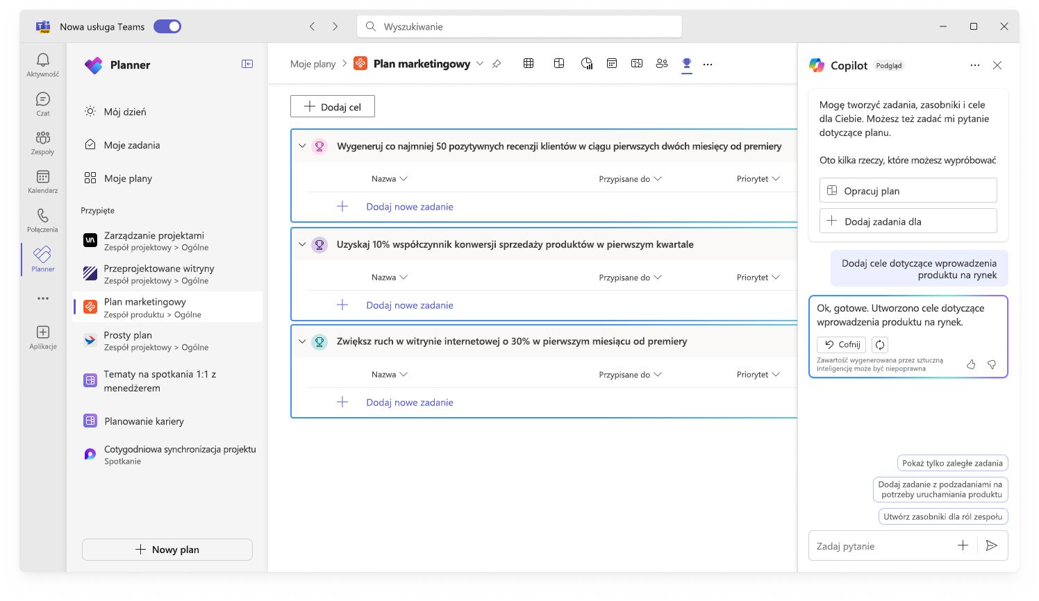 Zrzut ekranu przedstawiający interfejs użytkownika funkcji Copilot w aplikacji Planner podczas tworzenia celów.