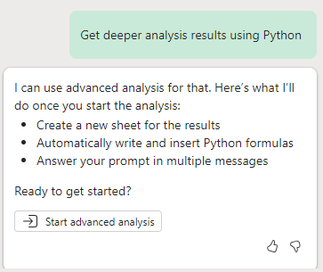 Zrzut ekranu przedstawiający monit o rozpoczęcie zaawansowanej analizy za pomocą Copilot w programie Excel w języku Python.