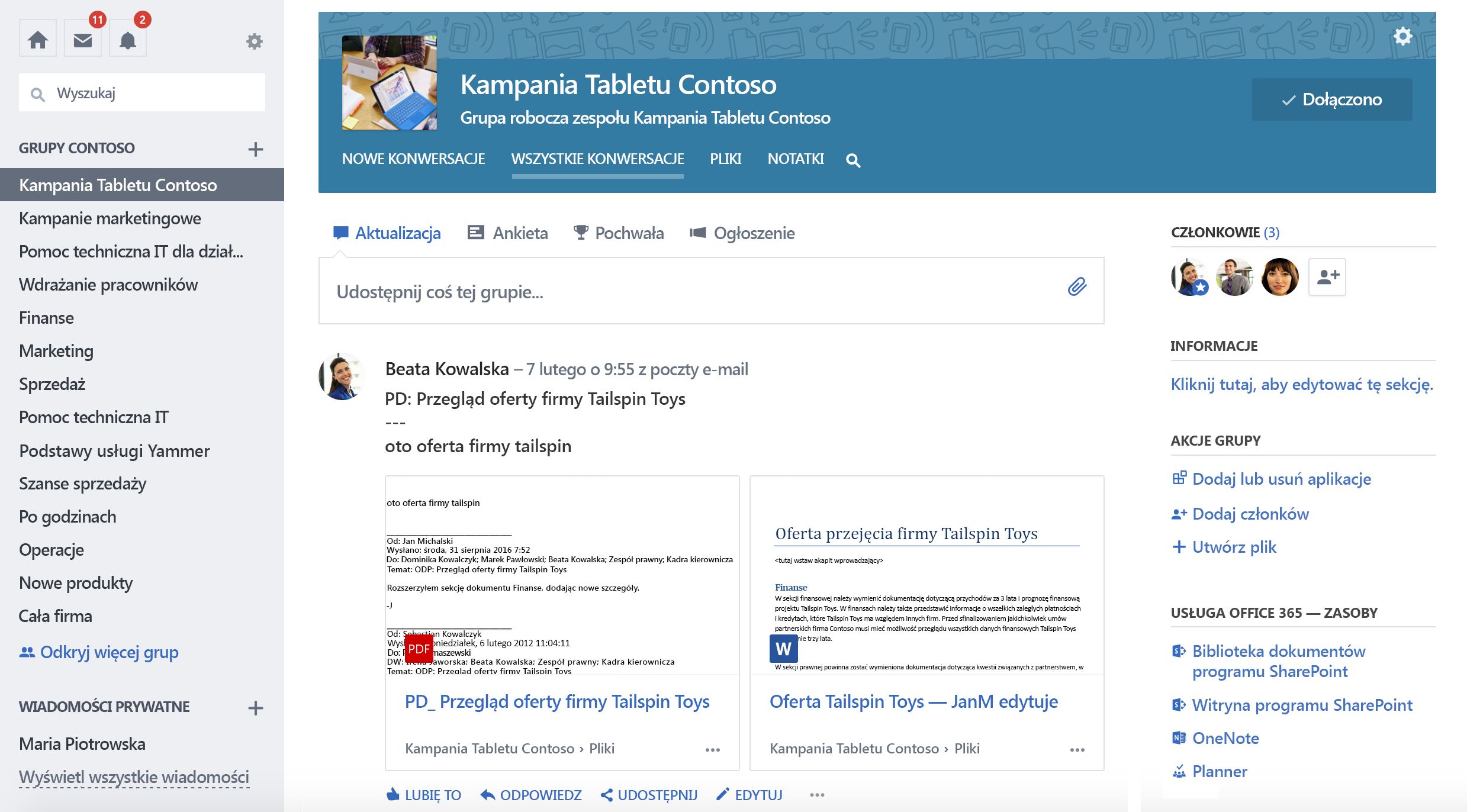 Zrzut ekranu przedstawiający konwersacje grupy usługi Yammer połączone z pakietem Office 365