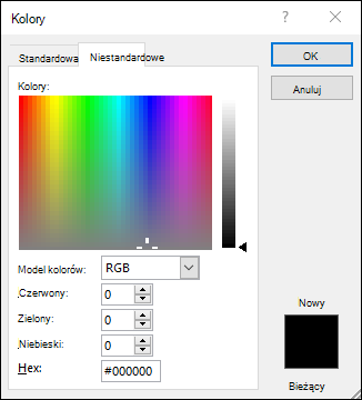 Selektor kolorów niestandardowych na pulpicie programu Excel