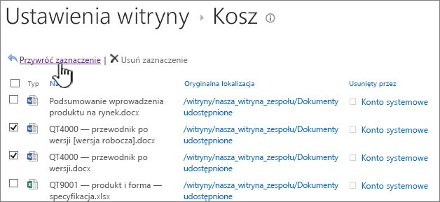 Kosz drugiego poziomu w programie SharePoint 2013 z wyróżnionym przyciskiem Przywróć