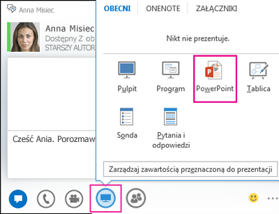 Zrzut ekranu: dodawanie pliku programu PowerPoint do wiadomości błyskawicznych
