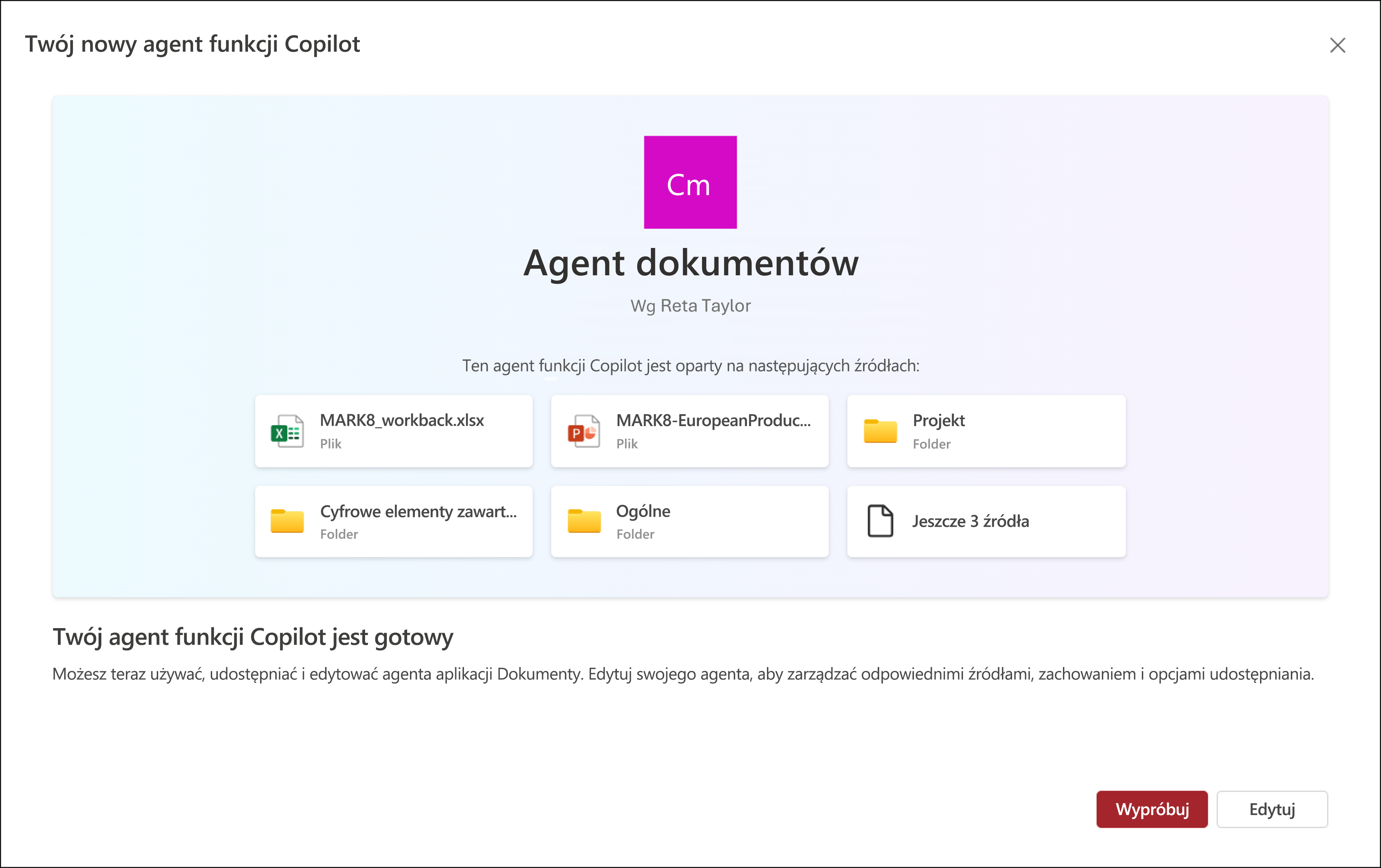 Zrzut ekranu przedstawiający edytowanie agenta funkcji Copilot