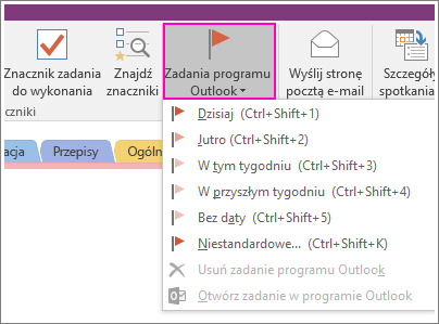 Zrzut ekranu przedstawiający przycisk Zadania programu Outlook w programie OneNote 2016.