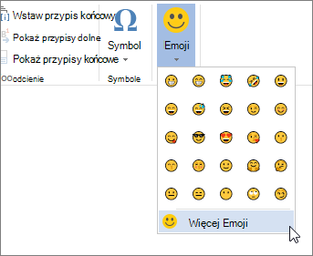Kliknij przycisk więcej znaków emoji na przycisku znaki emoji na karcie Wstawianie, aby wybrać spośród wszystkich dostępnych znaków emoji.