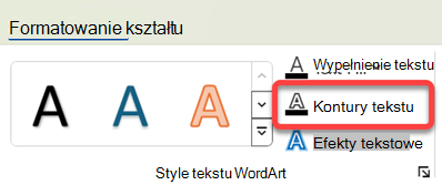 Aby zmienić obramowanie obiektu WordArt, zaznacz je, a następnie na karcie Formatowanie kształtu wybierz pozycję Kontury tekstu.