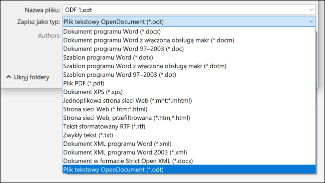 Lista formatów plików programu Word z wyróżnionym formatem pliku ODT