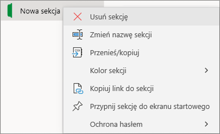 Zrzut ekranu przedstawiający menu kontekstowe usuwania karty sekcji w programie OneNote dla systemu Windows 10.