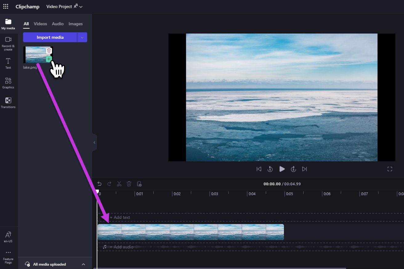 Dodawanie pliku multimedialnego do osi czasu edytowania wideo w aplikacji Clipchamp
