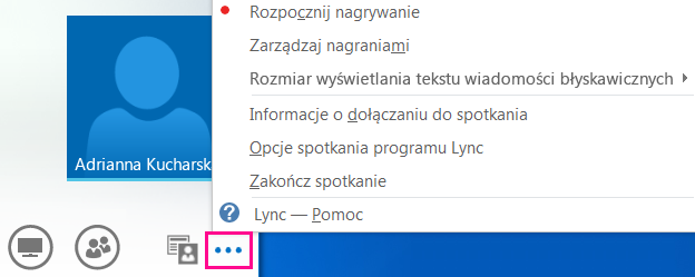 Zrzut ekranu dodatkowych opcji spotkania programu Lync