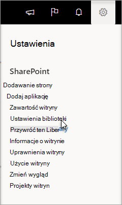 Menu Ustawienia z wybraną pozycją Ustawienia biblioteki