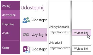 Zrzut ekranu, na którym wyjaśniono, jak wyłączyć link w programie OneNote 2016.