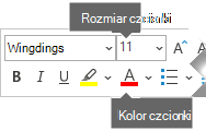 Przestawny pasek narzędzi Format zawiera opcje Rozmiar czcionki i Kolor czcionki.