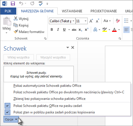 Ustawienia okienka zadań Schowek pakietu Office