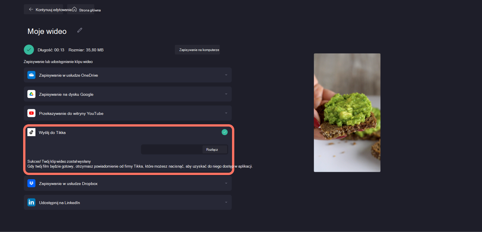 Zrzut ekranu przedstawiający użytkownika Clipchamp, który pomyślnie wysłał swój klip wideo bezpośrednio do TikTok.