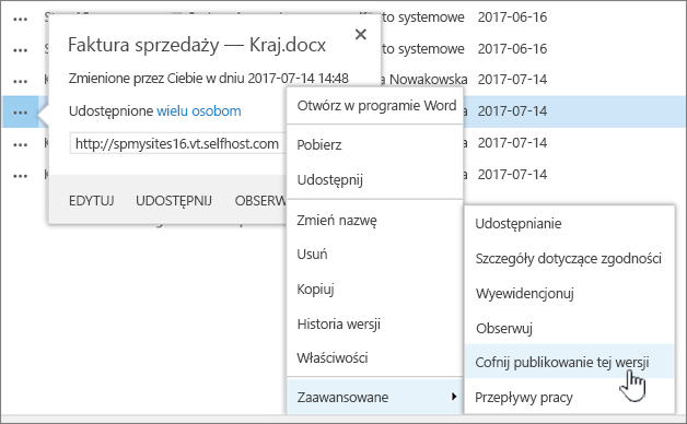 Kliknij pozycję Cofniesz publikację tej wersji