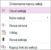 Opcja Usuń sekcję wyróżniona w menu kontekstowym sekcji w programie OneNote dla Windows 10.